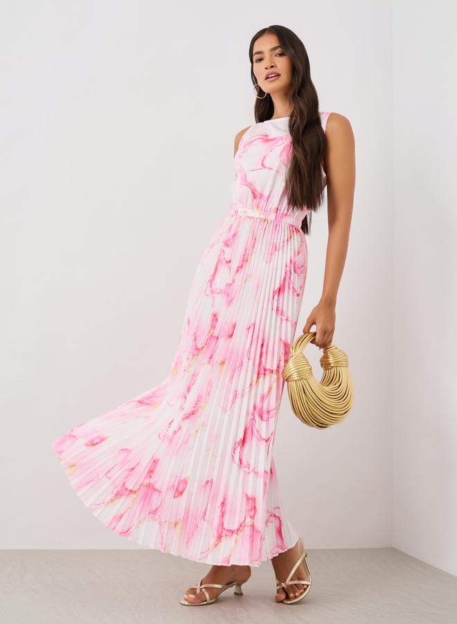 Styli Floral Print Sleeveless Pleated Detail A-Line Maxi Dress - Image 1