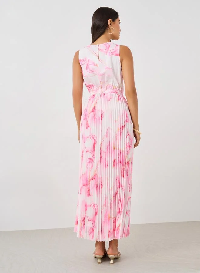 Styli Styli Floral Print Sleeveless Pleated Detail A-Line Maxi Dress