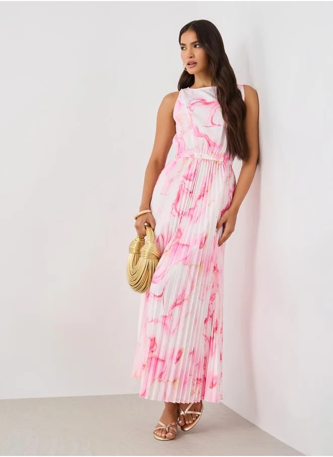 ستايلي Styli Floral Print Sleeveless Pleated Detail A-Line Maxi Dress