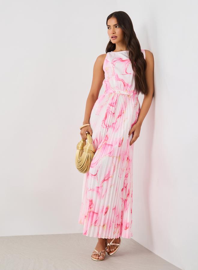 Styli Floral Print Sleeveless Pleated Detail A-Line Maxi Dress - Image 2