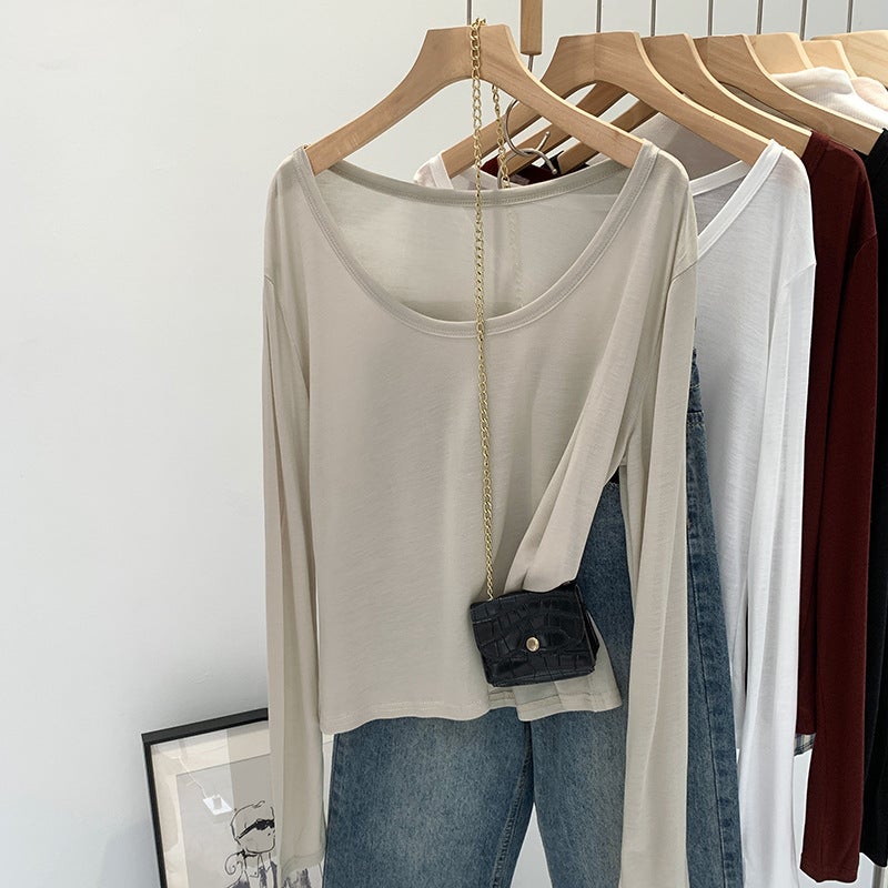Wear Lyocell Skin-Friendly U-Collar Long-Sleeved Sunscreen Base Shirt Women'S Early Autumn Loose Slim T-Shirt - Image 1