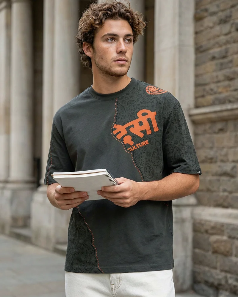 Men's Shadow Grey Desi Culture Graphic Printed Oversized T-shirt
