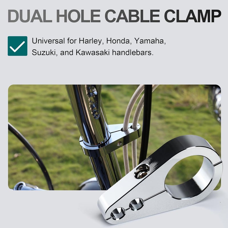 MoKitDora 1-1/4" Handlebar Dual Hole Throttle Clutch Cable Brake Line Clamp - Chrome (2 Pieces) - Image 2