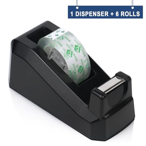 BOMEI PACK Tape Dispensers Desk, 1 Pack Black with 6Rolls Transparent Tape Refills, 1 Inch Core, for Gift Wrapping, School, Office and Home - Image 2