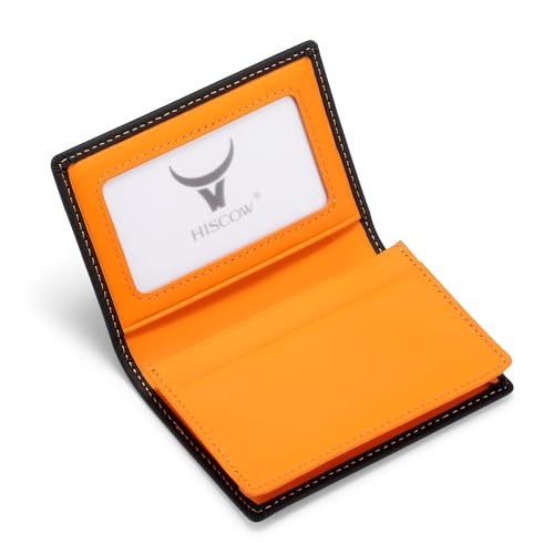 HISCOW Leather Business Card Case Holder for Men & Women, Italian Calfskin (Matte Black Orange) - Image 1