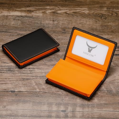 HISCOW Leather Business Card Case Holder for Men & Women, Italian Calfskin (Matte Black Orange) - Image 2