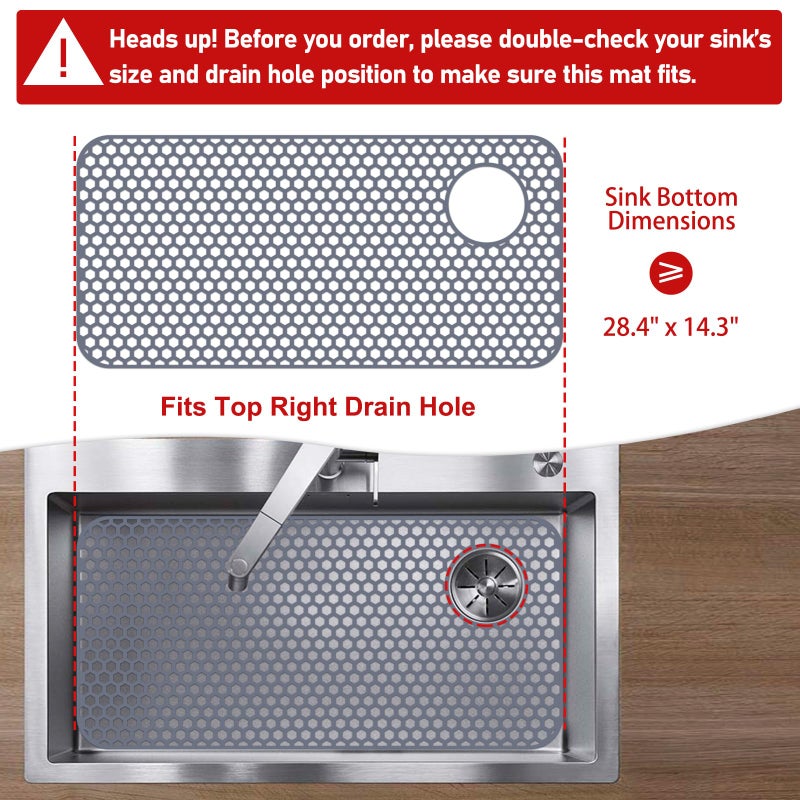 Bestjing Silicone Sink Protectors for Kitchen Sink - 28.4"x 14.3" Kitchen Protector Accessory, Non-Slip Heat Resistant Mat for Bottom of Farmhouse Porcelain Stainless Steel (Top Right Drain Hole,Gray) - Image 2
