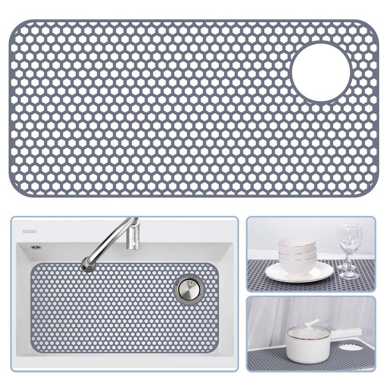 Bestjing Silicone Sink Protectors for Kitchen Sink - 28.4"x 14.3" Kitchen Protector Accessory, Non-Slip Heat Resistant Mat for Bottom of Farmhouse Porcelain Stainless Steel (Top Right Drain Hole,Gray) - Image 1