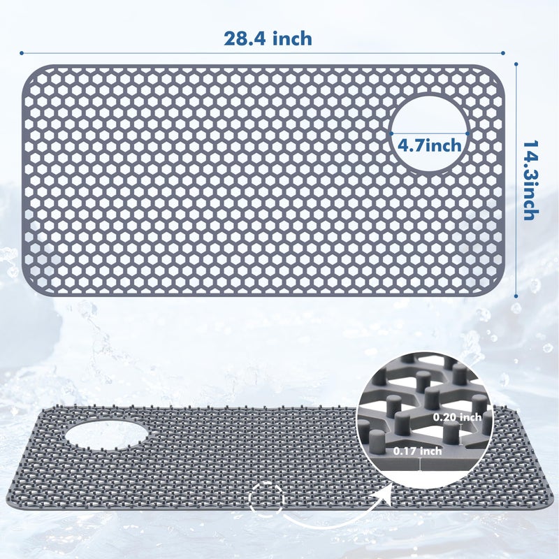 Bestjing Silicone Sink Protectors for Kitchen Sink - 28.4"x 14.3" Kitchen Protector Accessory, Non-Slip Heat Resistant Mat for Bottom of Farmhouse Porcelain Stainless Steel (Top Right Drain Hole,Gray) - Image 3