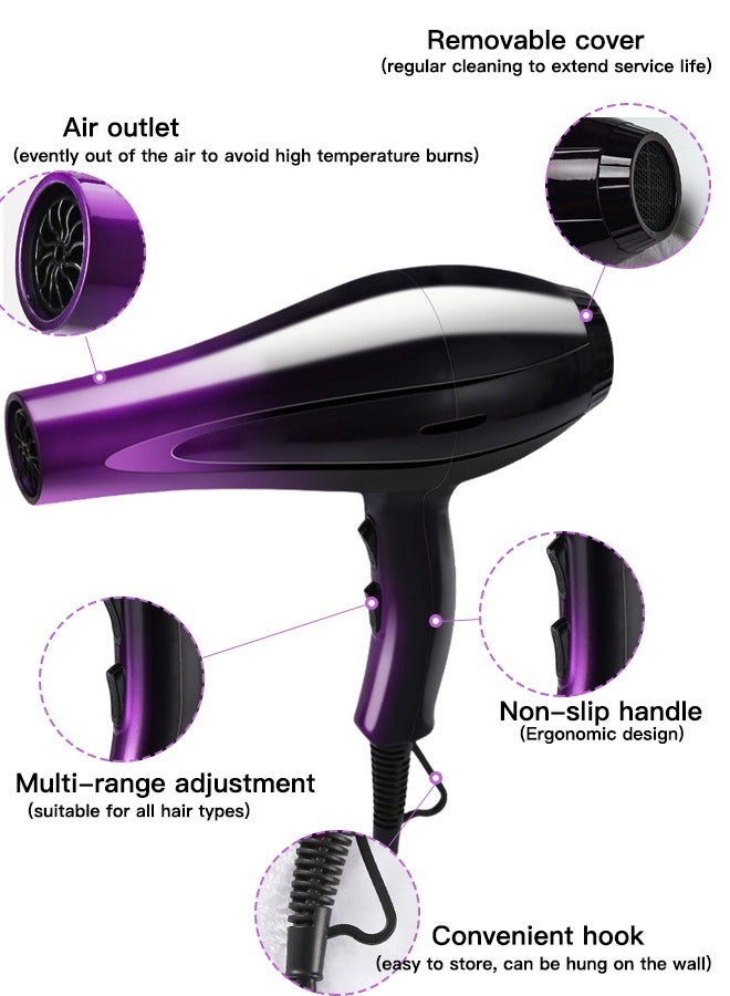 Generic Professional Salon Hair Dryer, Blow Dryer Active Oxygen Negative ions Dryer with Attachments for Fast Drying for Family, Low Noise (Gradient purple, 1 Accessory)  - Image 2