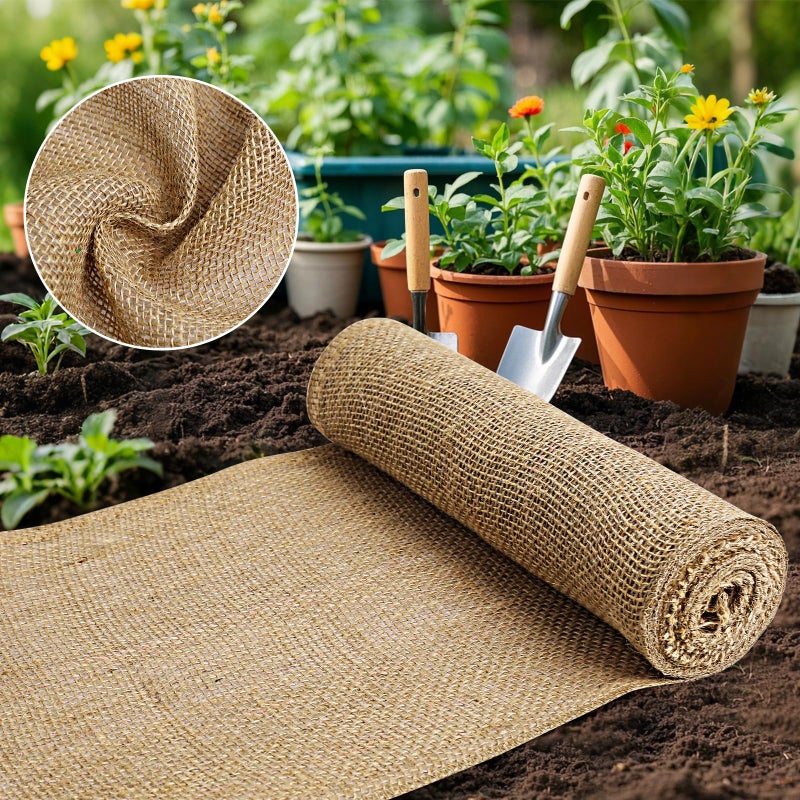 UBCGOTT Burlap Fabric - Garden Burlap Fabric Roll Natural Jute Outdoor Fabric Burlap Weed Barrier Trees Trunk Wrap for Crafts Farmhouse Gardening Table Decor for Crafts (19.7" x 5 Feet) - Image 1