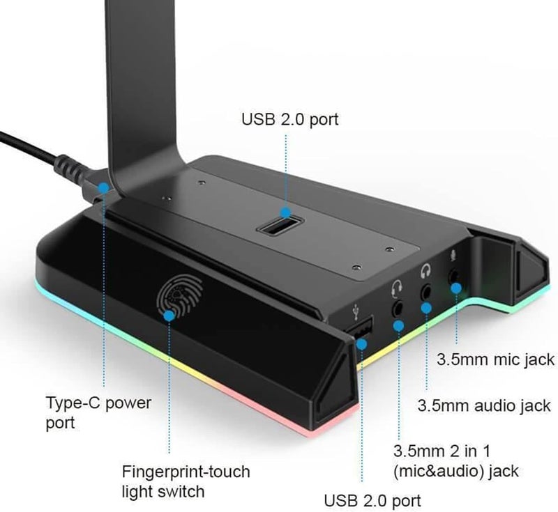 Gaming Headphone Headset Stand Aluminum RGB Headset Headphone Stand Holder with USB Charger 7 1 Surround Sound and 3 5mm Port Fit for Gamers Gifts Desk Gaming Accessories - Image 5