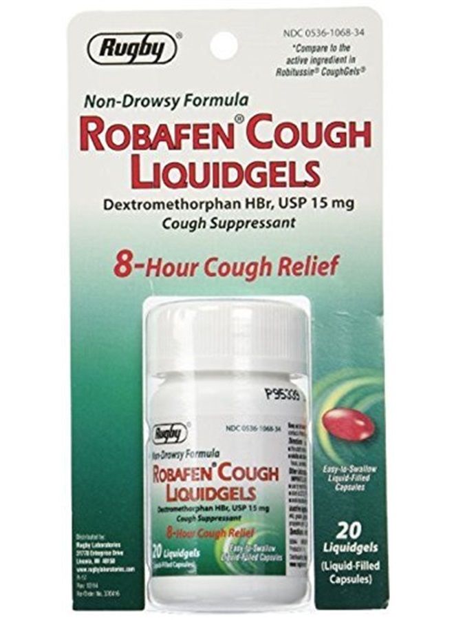 RUGBY ROBAFEN COUGH LIQUIDGELS DEXTROMETHORPHAN HYDROBROMIDE-15 MG red 20 CF UPC 305361068349 by RUGBY LABORATORIES