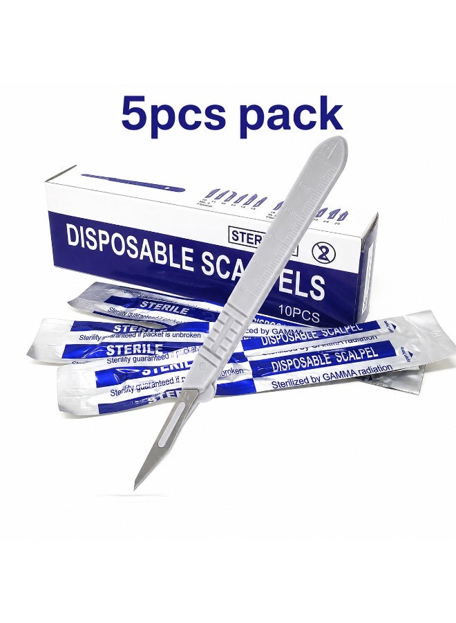 NOVAMED Sterile Disposable Scalpel with Stainless Steel Blade & Silver Plastic Handle – 5 PCS Pack - Image 1