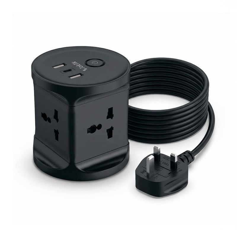 Taktik Cube 3-Way UK Power Socket | 2500W Extension Lead with USB & USB-C Ports | 3M Power Extension Cable | 4 Universal Port Socket (Black) - Image 1