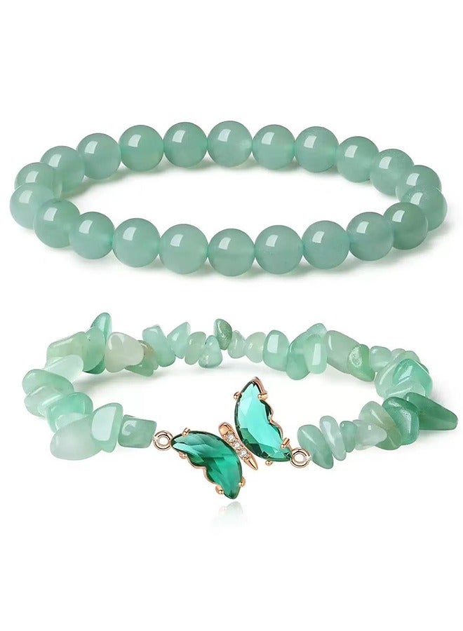 yalilai 2-piece fashion set, green crystal obsidian quartz bead butterfly bracelet, women's elastic bracelet, positive energy daily commuting hot selling - Image 1