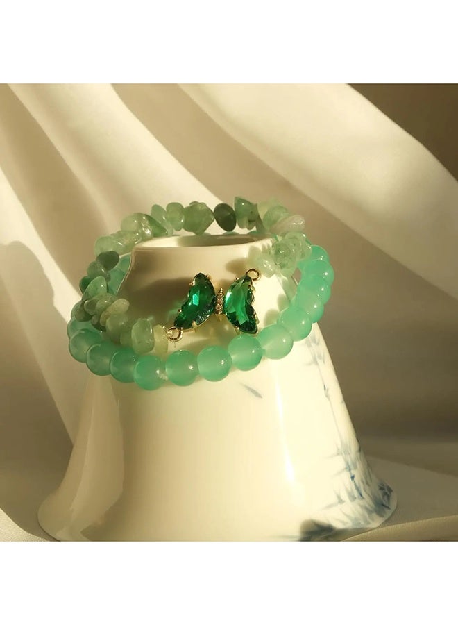 yalilai 2-piece fashion set, green crystal obsidian quartz bead butterfly bracelet, women's elastic bracelet, positive energy daily commuting hot selling - Image 4
