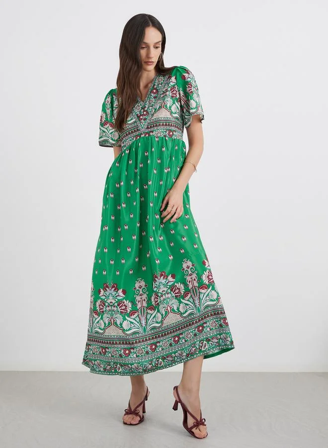 ستايلي Styli All Over Print V Neck A-Line Maxi Dress