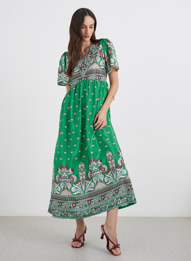 Styli All Over Print V Neck A-Line Maxi Dress - Image 1