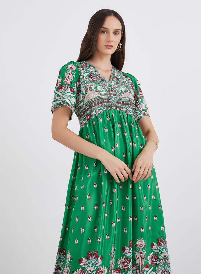 Styli All Over Print V Neck A-Line Maxi Dress - Image 3