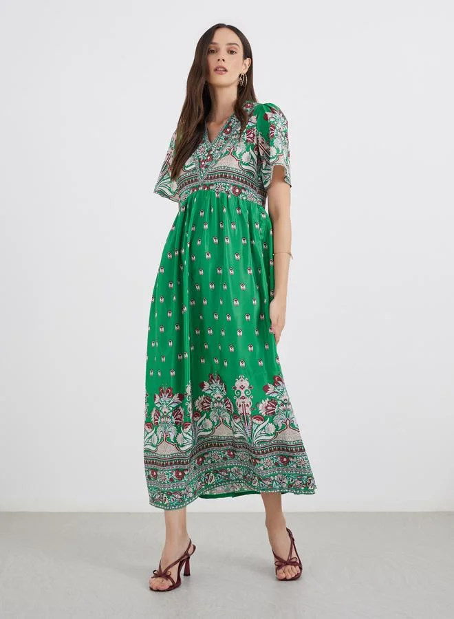 ستايلي Styli All Over Print V Neck A-Line Maxi Dress