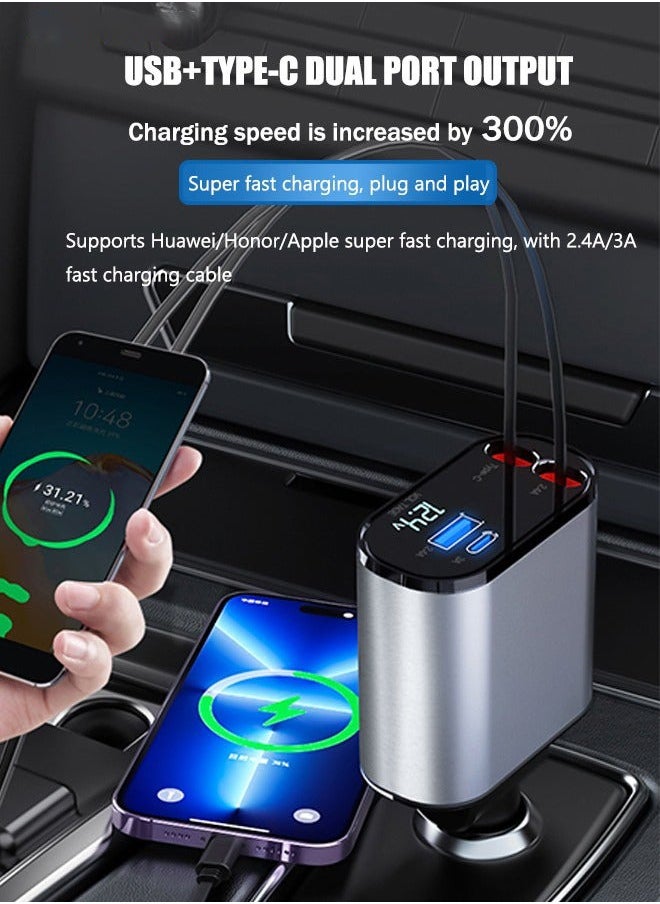 XiuWoo - 4-in-1 Retractable Car Charger with USB&Type-C-Digital Display Car Phone Charger Adapter Supports PD Fast Charging/QC3.0/FCP/AFC/MTK-Compatible with Huawei,Honor,Galaxy,Google Pixel - Image 1