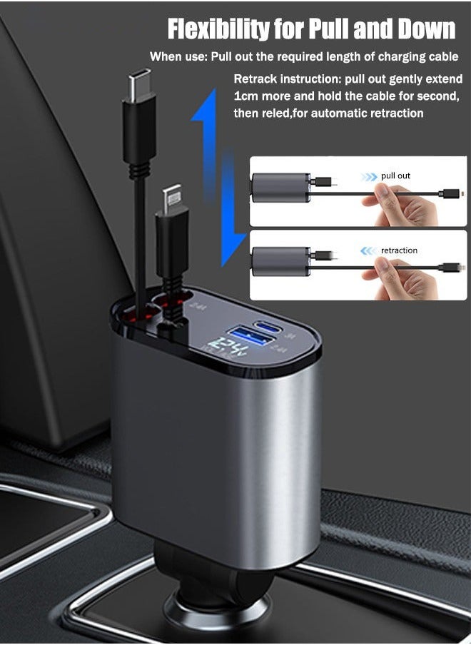 XiuWoo - 4-in-1 Retractable Car Charger with USB&Type-C-Digital Display Car Phone Charger Adapter Supports PD Fast Charging/QC3.0/FCP/AFC/MTK-Compatible with Huawei,Honor,Galaxy,Google Pixel - Image 1