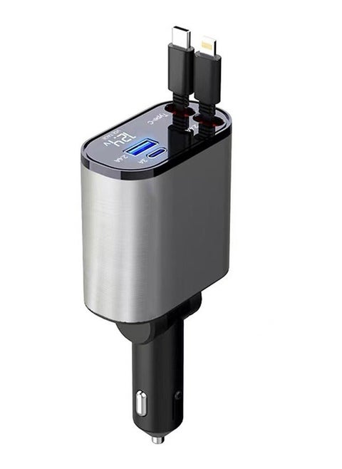 4-in-1 Retractable Car Charger with USB&Type-C-Digital Display Car Phone Charger Adapter Supports PD Fast Charging/QC3.0/FCP/AFC/MTK-Compatible with Huawei,Honor,Galaxy,Google Pixel