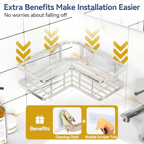 YASONIC Corner Shower Caddy Organizer, 3-Pack Self-Adhesive Rustproof Bath Shelves with Soap Holder & 4 Hooks, Large Capacity Shower Storage Rack for Bathroom Organization, Silver - Image 4