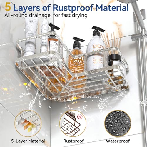 YASONIC Corner Shower Caddy Organizer, 3-Pack Self-Adhesive Rustproof Bath Shelves with Soap Holder & 4 Hooks, Large Capacity Shower Storage Rack for Bathroom Organization, Silver - Image 3
