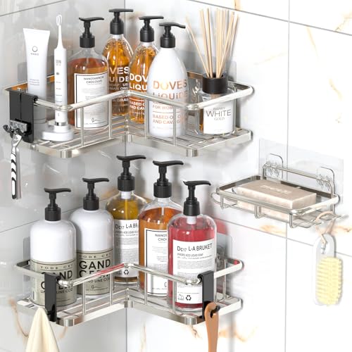 YASONIC Corner Shower Caddy Organizer, 3-Pack Self-Adhesive Rustproof Bath Shelves with Soap Holder & 4 Hooks, Large Capacity Shower Storage Rack for Bathroom Organization, Silver - Image 1
