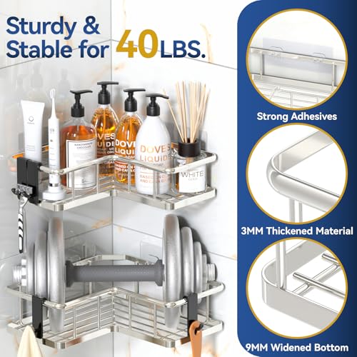 YASONIC Corner Shower Caddy Organizer, 3-Pack Self-Adhesive Rustproof Bath Shelves with Soap Holder & 4 Hooks, Large Capacity Shower Storage Rack for Bathroom Organization, Silver - Image 2