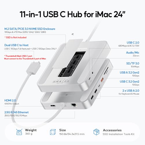 PULWTOP Upgraded 11 in 1 USB C Hub for iMac 24 inch USB Hub 2021 2023 2024 Support M.2 SSD (NOT Included), iMac Hub M1 M3 M4 Accessories, 4K HDMI, 2.5G Ethernet, 5 USB A/C Max 10Gbps, SD/TF - Silver - Image 2