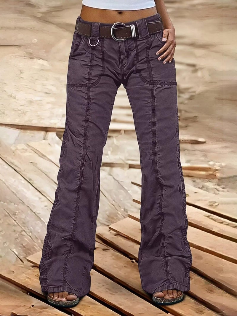 Flamingals Straight Leg Pants for Women Mid Rise Casual Cargo Solid Patch Pockets Stitch Detail Pants Mauve M - Image 3