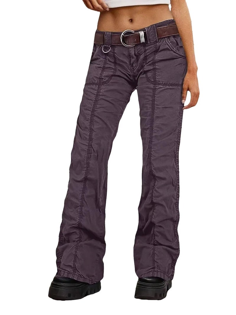 Flamingals Straight Leg Pants for Women Mid Rise Casual Cargo Solid Patch Pockets Stitch Detail Pants Mauve M - Image 1