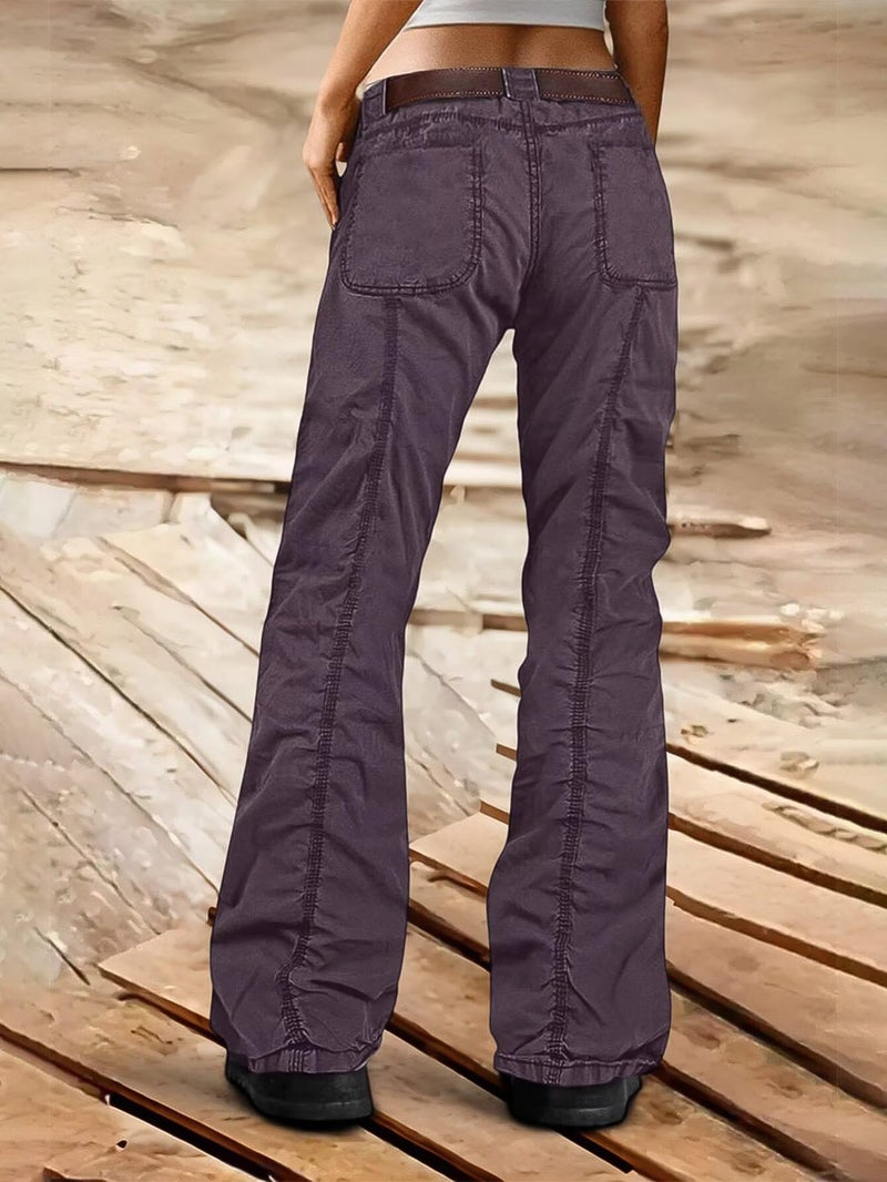 Flamingals Straight Leg Pants for Women Mid Rise Casual Cargo Solid Patch Pockets Stitch Detail Pants Mauve M - Image 2