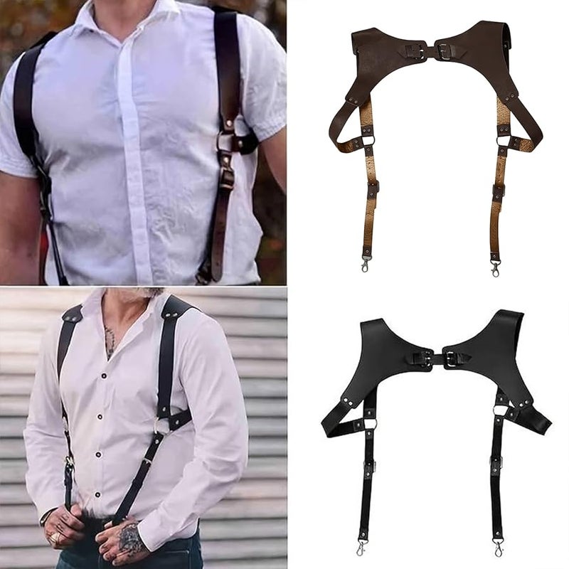 Black PU Leather Suspenders For Men Vintage Punk Chest Shoulder Strap Belt Accessory - Image 3