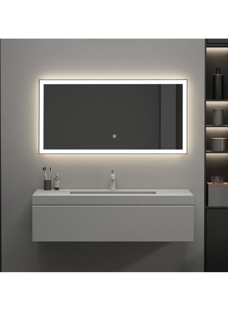 مرآة حمام إيكو مع إضاءة LED، مرآة مستطيلة مثبتة على الحائط، مقاس 60 × 80 سم، مع إضاءة خلفية ثلاثية الألوان ومفتاح لمس ذكي، مثالية للمنزل والسكن والمتاجر - Image 1
