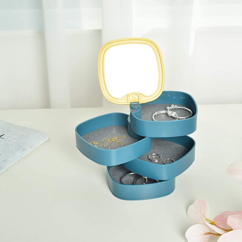 Jewelry Storage Box with Mirror –4-Layer Rotating 360° Dustproof Organizer for Rings, Necklaces, Earrings & Bracelets – Portable Travel Jewelry Box for Women – Space-Saving Design, LD-688 (Blue) - Image 2