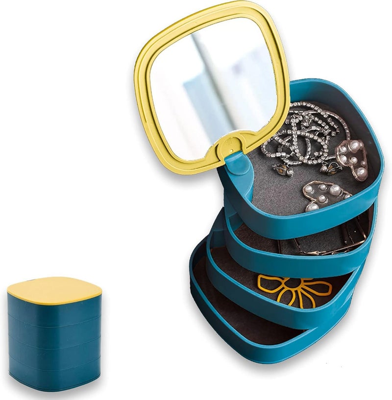 Jewelry Storage Box with Mirror –4-Layer Rotating 360° Dustproof Organizer for Rings, Necklaces, Earrings & Bracelets – Portable Travel Jewelry Box for Women – Space-Saving Design, LD-688 (Blue) - Image 4