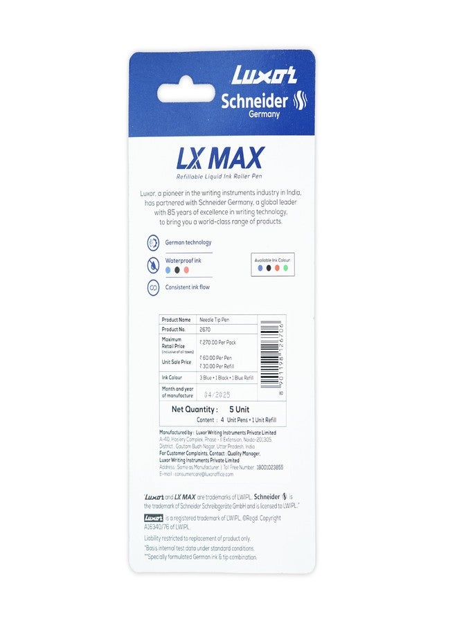 الأقصر مجموعة أقلام لوكسور شنايدر LX-Max ذات رأس إبرة، 4 أقلام | 3 أقلام زرقاء + قلم أسود + عبوة حبر أزرق | أفضل قلم للطلاب - Image 4