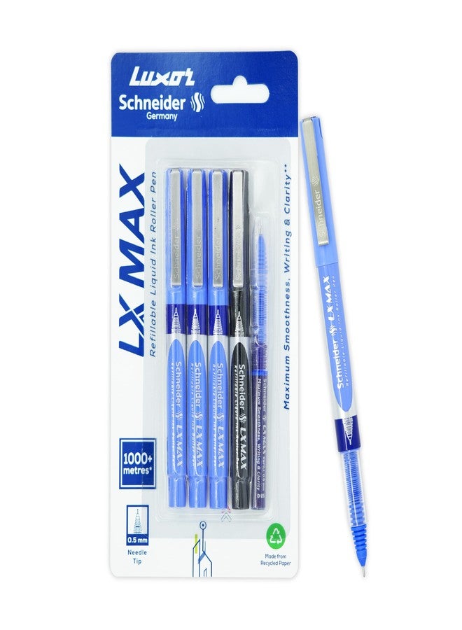 الأقصر مجموعة أقلام لوكسور شنايدر LX-Max ذات رأس إبرة، 4 أقلام | 3 أقلام زرقاء + قلم أسود + عبوة حبر أزرق | أفضل قلم للطلاب - Image 1