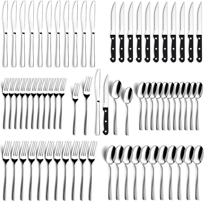 BEWOS 72-Pieces Silverware Set for 12 - Stainless Steel Flatware Set with Mirror Polish, Cutlery Set Including Steak Knives, Forks and Spoons, Dishwasher Safe for Restaurant (Silver) - Image 1