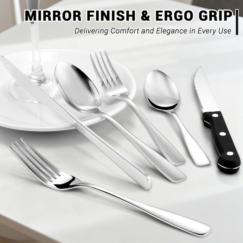 BEWOS 72-Pieces Silverware Set for 12 - Stainless Steel Flatware Set with Mirror Polish, Cutlery Set Including Steak Knives, Forks and Spoons, Dishwasher Safe for Restaurant (Silver) - Image 3