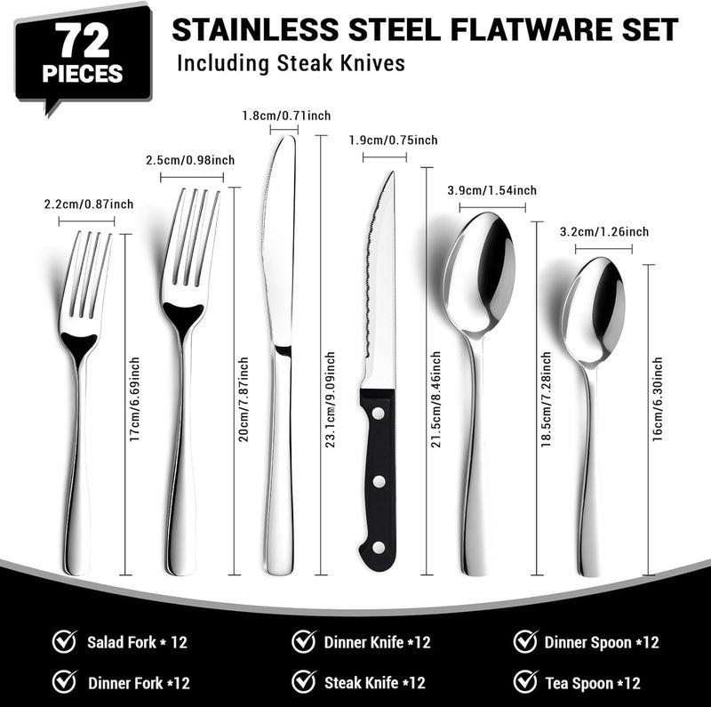 BEWOS 72-Pieces Silverware Set for 12 - Stainless Steel Flatware Set with Mirror Polish, Cutlery Set Including Steak Knives, Forks and Spoons, Dishwasher Safe for Restaurant (Silver) - Image 2