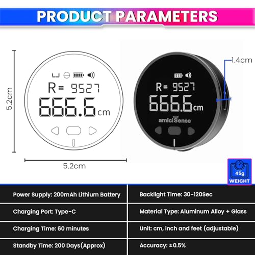 amiciSense Digital Distance Meter with Easy-Glide Wheel | One-Handed, Type-C Rechargeable, 0-999.9 cm/ft/inch Range | Slide-to-Measure for Curved & Straight Surfaces - Image 4