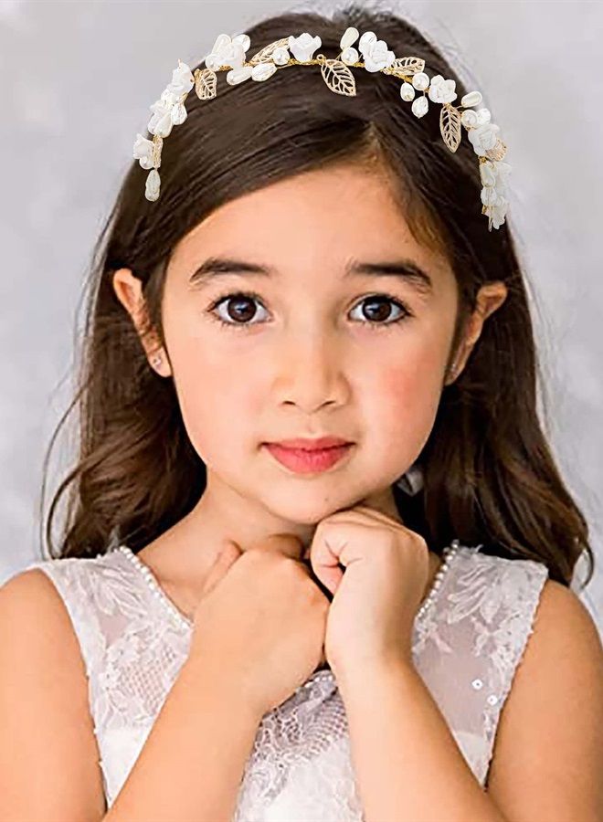 Campsis Flower Girls Headband Gold Flower Pearl Bridal Headpiece Rose Floral Alloy Leaf Princess Hair Accessories Bride Bridesmaid Communion Prom Party Photography for Girls and Women