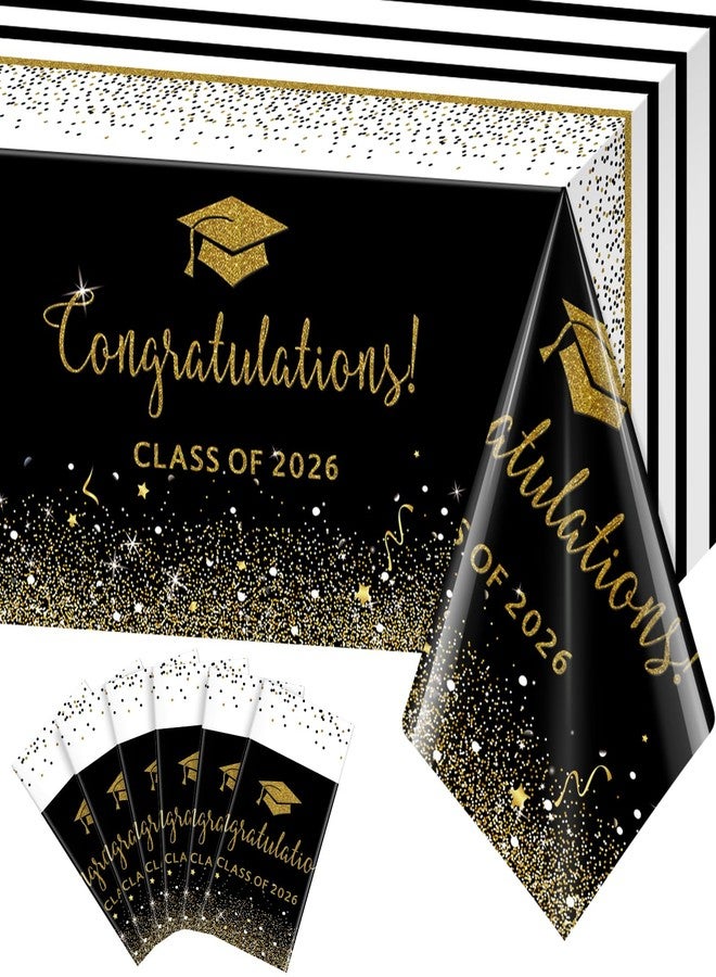 MASHAN 6 Pack Class of 2026 Graduation Tablecloths,Foil Dot Plastic Disposable Rectangle Table Covers for 2026 High School University College Graduation Party Decorations,108*54 Inch (Black and Gold) - Image 1