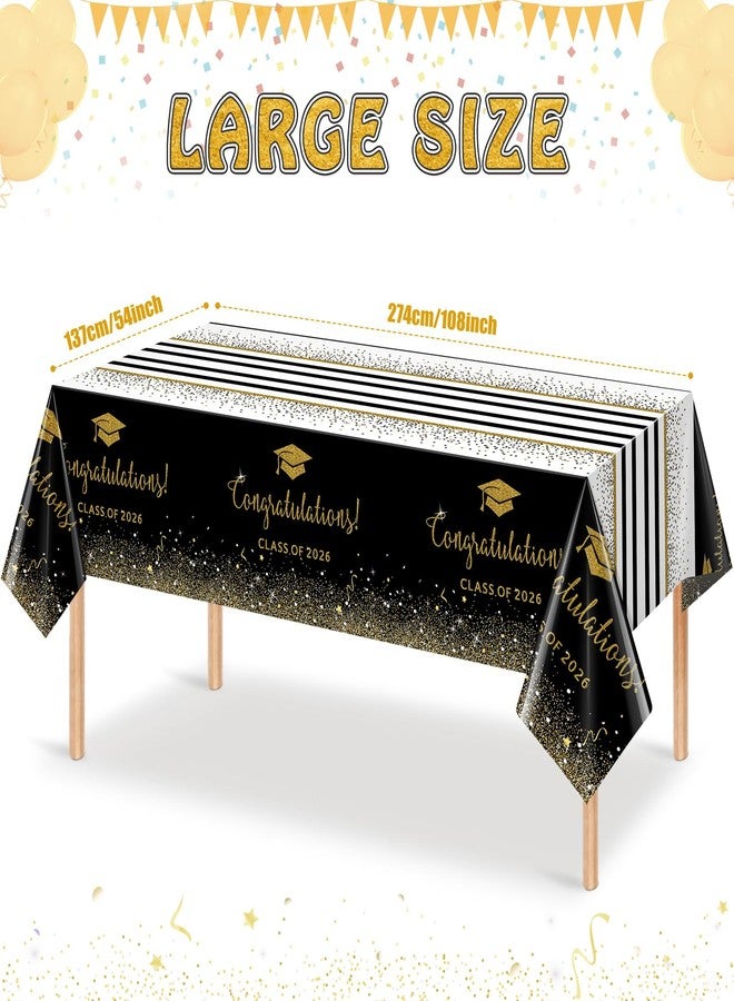 MASHAN 6 Pack Class of 2026 Graduation Tablecloths,Foil Dot Plastic Disposable Rectangle Table Covers for 2026 High School University College Graduation Party Decorations,108*54 Inch (Black and Gold) - Image 2