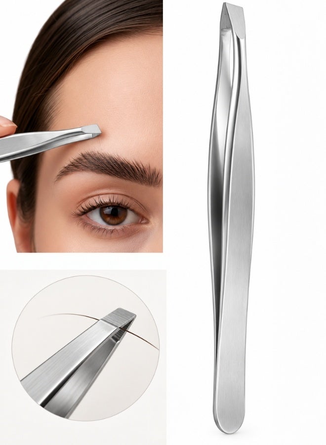 ملقط دقيق لتحديد الحواجب وإزالة شعر الوجه برأس مائل من الستانلس ستيل، أداة تجميل بقبضة ثابتة مانعة للانزلاق وأطراف متطابقة لالتقاط الشعيرات القصيرة والناعمة من الجذور، مناسب للاستخدام المنزلي والصالونات – فضي - Image 1